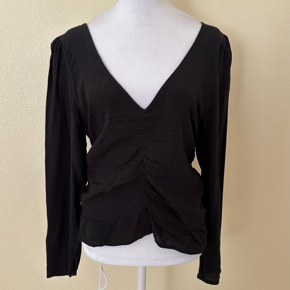 H&M Women Black V-Neck Ruched Front/Mesh Back Blouse Size L - NWT